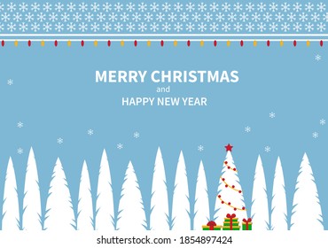Christmas poster with stylized fir trees with gifts, balls. Greeting New Year cards flat graphic design. Place for text. Vector illustration