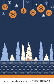 Christmas poster with stylized gifts, balls and fir trees. Greeting New Year cards flat graphic design. Place for text. Vector illustration