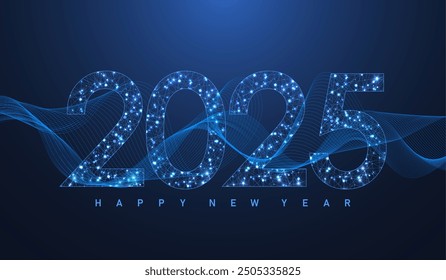 Christmas poster template 2025 in the style of new digits electronic technology. Tech digital banner or header 2025 New year. New year, merry christmas 2025 congratulations card in cyber design