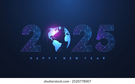Christmas poster template 2025 in the style of new digits electronic technology. Tech digital banner or header 2025 New year. New year, merry christmas 2025 congratulations card in cyber design.