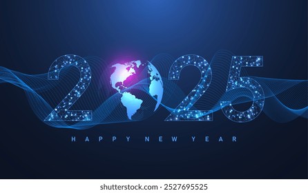 Christmas poster template 2025 in the style of new digits electronic technology. Tech digital banner or header 2025 New year. New year, merry christmas 2025 congratulations card in cyber design.