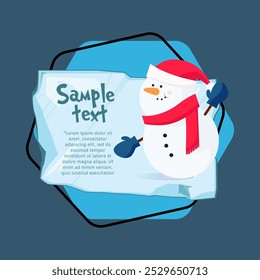 Christmas poster template. Cartoon snowman with sample text on piece of ice on blue background. Illustration can be used for banners, flyers, greeting card design