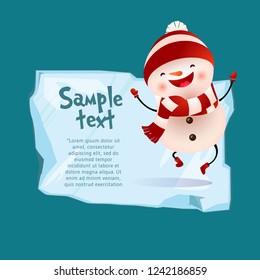 Christmas poster template. Cheerful snowman with sample text on piece of ice on blue background. Illustration can be used for banners, flyers, greeting card design