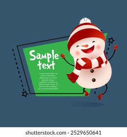 Christmas poster template. Cheerful snowman with sample text on piece of ice on blue background. Illustration can be used for banners, flyers, greeting card design