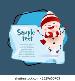 Christmas poster template. Cheerful snowman with sample text on piece of ice on blue background. Illustration can be used for banners, flyers, greeting card design