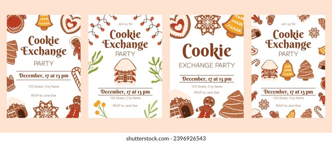 Christmas poster template with copy space, Invitation for Xmas party. Vertical flyer decorated with bell with red bow and ribbon, spruce plants branches, gift boxes, light garland