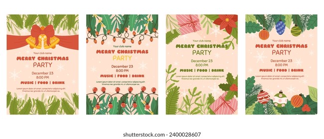 Christmas poster template with copy space, Invitation for Xmas party. Vertical flyer decorated with bell with red bow and ribbon, spruce plants branches, gift boxes, light garland