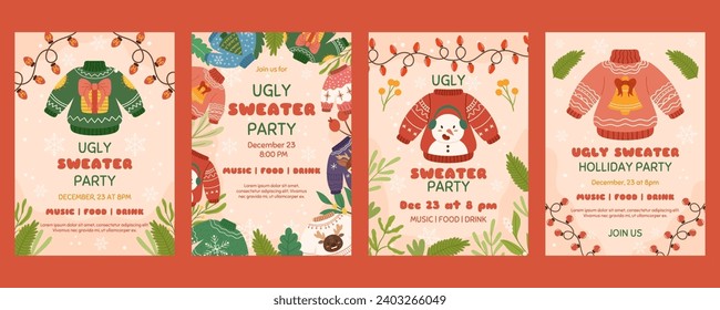 Christmas poster template with copy space, Invitation for Ugly sweater Xmas party. Vertical flyer decorated with plants branches, funny sweaters, light garlands