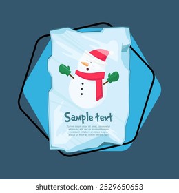 Christmas poster template. Cute cartoon snowman behind transparent piece of ice with sample text. Illustration can be used for banners, flyers, greeting card design