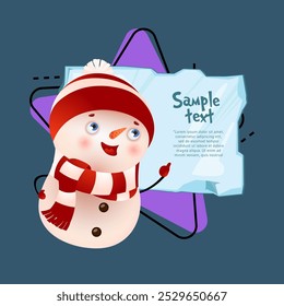 Christmas poster template. Cute cheerful snowman pointing at sample text on piece of ice. Illustration can be used for banners, flyers, greeting card design