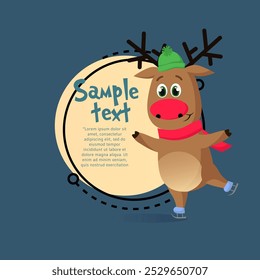 Christmas poster template. Cute skating reindeer with sample text on abstract background. Illustration can be used for banners, flyers, greeting card design