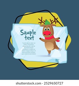 Christmas poster template. Cute skating reindeer with sample text on piece of ice on blue background. Illustration can be used for banners, flyers, greeting card design