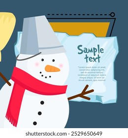 Christmas poster template. Cute snowman with sample text on piece of ice on abstract background. Illustration can be used for banners, flyers, greeting card design