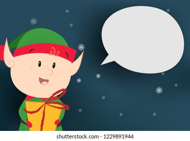 Christmas poster template design. Elf giving present on blue background with snowflakes, speech bubble for your text. Vector can be used for greeting cards, banners, flyers and brochures