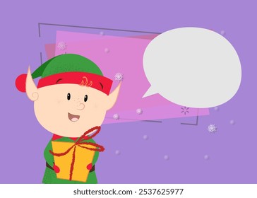 Christmas poster template design. Elf giving present on abstract background with snowflakes, speech bubble for your text. Vector can be used for greeting cards, banners, flyers and brochures