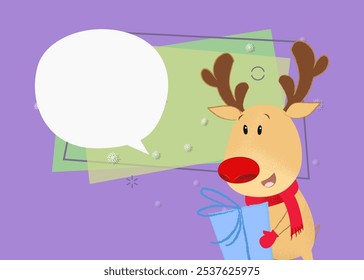 Christmas poster template design. Reindeer with gift box on abstract background with speech bubble for your text. Vector can be used for greeting cards, banners, flyers and brochures