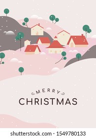 Christmas poster template design, small village on the mountain in pink tones