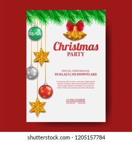 Christmas poster template with illustration of bell and ball and star decoration