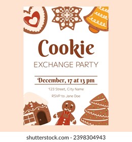 Christmas poster template, Invitation for Xmas cookie exchange party. Vertical flyer decorated with gingerbread cookies, house, man, tree, bell and snowflake, heart