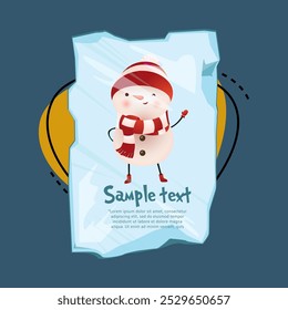 Christmas poster template. Jolly cartoon snowman winking from behind transparent piece of ice with sample text. Illustration can be used for banners, flyers, greeting card design