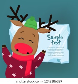 Christmas poster template. Jolly reindeer with sample text on piece of ice on blue background. Illustration can be used for banners, flyers, greeting card design