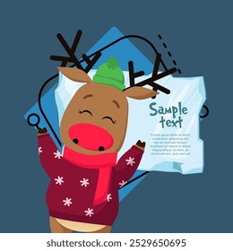 Christmas poster template. Jolly reindeer with sample text on piece of ice on abstract background. Illustration can be used for banners, flyers, greeting card design