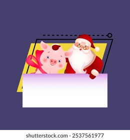 Christmas poster template with piglet and Santa Claus. Creative design with cartoon characters of Santa Claus and pig on abstract background. Can be used for sales, advertising, shopping