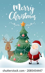 Christmas poster template with Santa, Christmas tree and reindeer on blue background. Vector illustration for banner, flyer, greeting card, poster and advertisement.