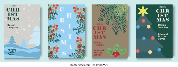 Christmas poster template set. Christmas poster with festive designs, holly, tree. Christmas background, cover, sale banner, flyer design. Template for advertising, web, social media. 