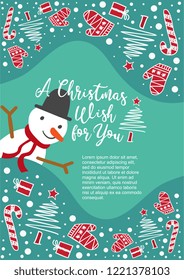 Christmas poster template vector illustration with childish drawing cartoon of snowman colorful trendy