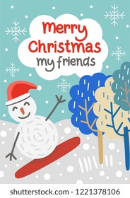 Christmas poster template vector illustration with childish drawing cartoon of snowman colorful trendy