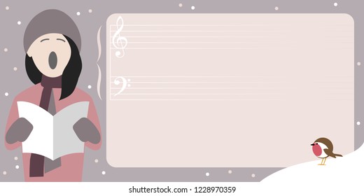 Christmas poster template with young girl singing a Christmas carol and room for text