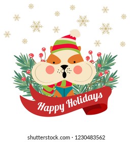Christmas poster with tree branches and squirrel. Christmas card