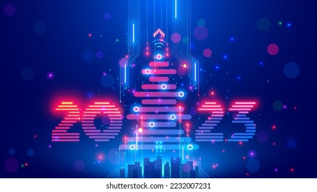 Christmas poster with christmas tree,  digits 2023 in electronic technology style. New year, merry christmas congratulations card in cyber computer design. Tech digital banner of event in 2023 year.