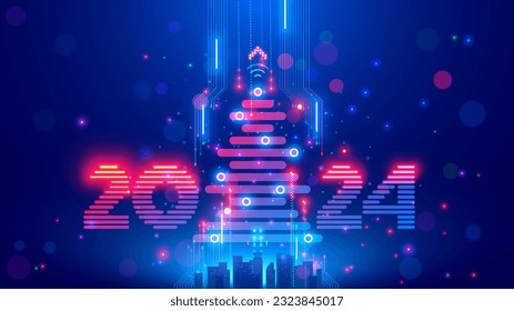 Christmas poster with christmas tree, digits 2024 in electronic technology style. New year, merry christmas congratulations card in cyber computer design. Tech digital banner of event in 2024 year.