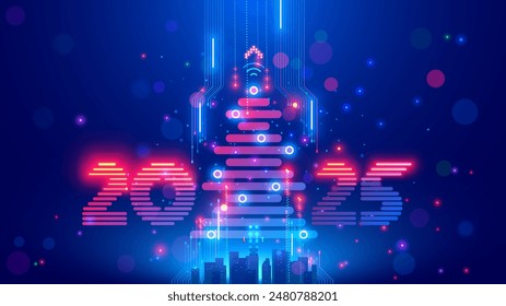 Christmas poster with christmas tree, digits 2025 in electronic technology style. New year, merry christmas congratulations card in cyber computer design. Tech digital banner of event in 2025 year.