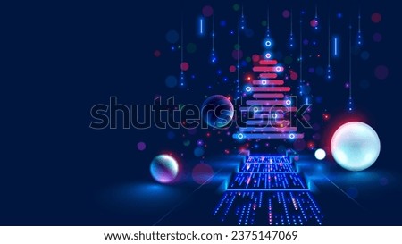 Christmas poster with christmas tree in electronic technology style. New year, merry christmas congratulations card in computer tech design. Template Christmas cards in style of digital technology.