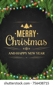 Christmas poster. Christmas tree, garland. Happy New Year. Gold text on a dark background with a pattern of snowflakes. Vector illustration