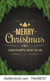 Christmas poster. Christmas tree. Happy New Year. Gold text on a dark background with a pattern of snowflakes. Vector illustration