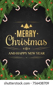 Christmas poster. Christmas tree, snow berries. Happy New Year. Sugar lollipops. Gold text on a dark background with a pattern of snowflakes. Vector illustration