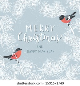 Christmas Poster . Vector illustration of Christmas Background with branches of christmas tree and two bullfinches .