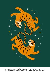 Christmas Poster. Vector illustration in trendy flat style with a cartoon orange tigers surrounded by stars. Isolated on dark green background.