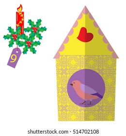 Christmas poster with vintage birdhouses, bird with leaves and berries Holly. Colorful advent calendar, counting down the days to Christmas, nine days.