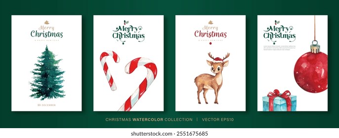 Christmas poster watercolor painting collection set of four, including Christmas tree, candy canes, reindeer, gift box and ornament ball 