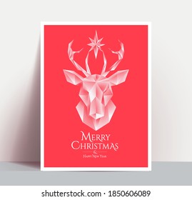 Christmas poster with white low poly 3d styled deer head and Merry Christmas and Happy New Year lettering on red background. Vector illustration