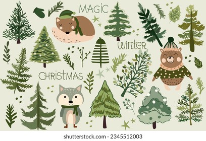 Christmas poster with winter trees, stars, snowflakes and forest animals, cute bear, sleep wolf. Seasonal poster with holiday symbols. Perfect for web, banner, card. Vector.