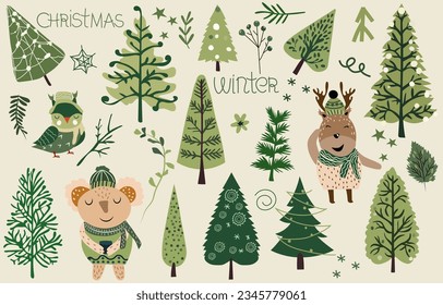 Christmas poster with winter trees, stars, snowflakes and forest animals, cute koala, funny deer. Seasonal poster with holiday symbols. Perfect for web, banner, card. Vector.