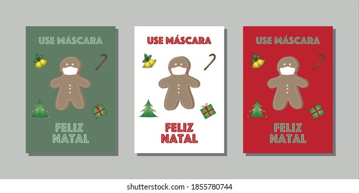 Christmas poster with the words: use máscara, feliz natal (wear a mask, Merry Christmas) - Christmas cookie with protective mask - three color options