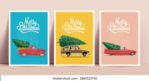 Christmas posters or cards set with cartoon retro cars with christmas tree on board with Merry Christmas lettering on colored backgrounds. Vector illustration