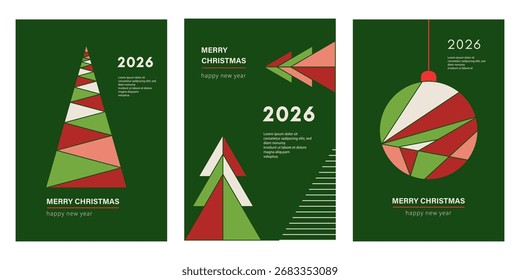 Navidades posters y tarjetas en estilo geométrico simple. Diseño moderno en verde rojo rosa con ramas de árbol, bolas y juguetes. Plantillas de Vector para Anuncios y fundas